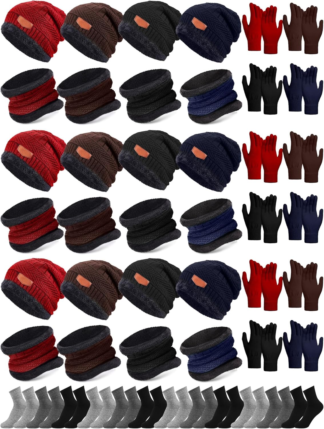 Winter Hats, Gloves, Scarves & Socks Set – 48 Pcs Fleece Lined