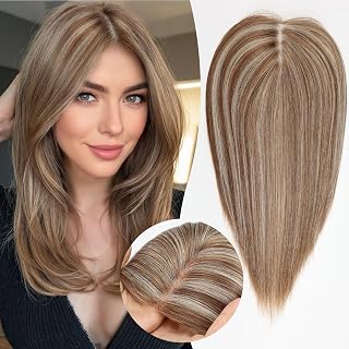 HAIRCUBE 14 Inch Hair Toppers Synthetic Hair Toppers for Women with Thinning Hair, Pure Hand-Tied Breathable Swiss Base with 3 Clips Hair Pieces Wiggy Toppers (Light Brown & Ash Blonde)