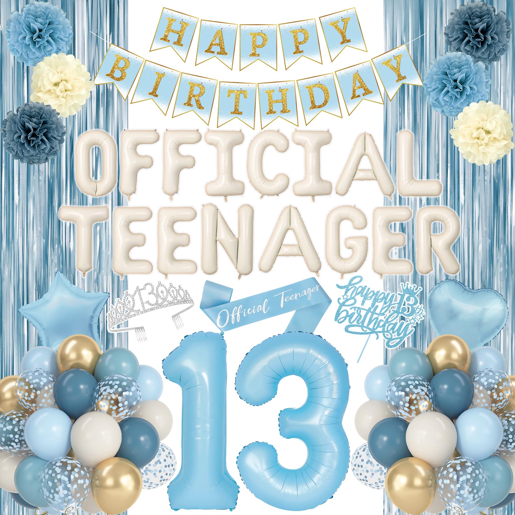 Photo 1 of 13th Birthday Party Decorations for Girls, Light Blue Official Teenager Foil Balloons 13th Birthday Banner Crown Sash Fringe Curtain Paper Pompoms Cake Topper for 13 Year Old Sand Party Favor Supplies