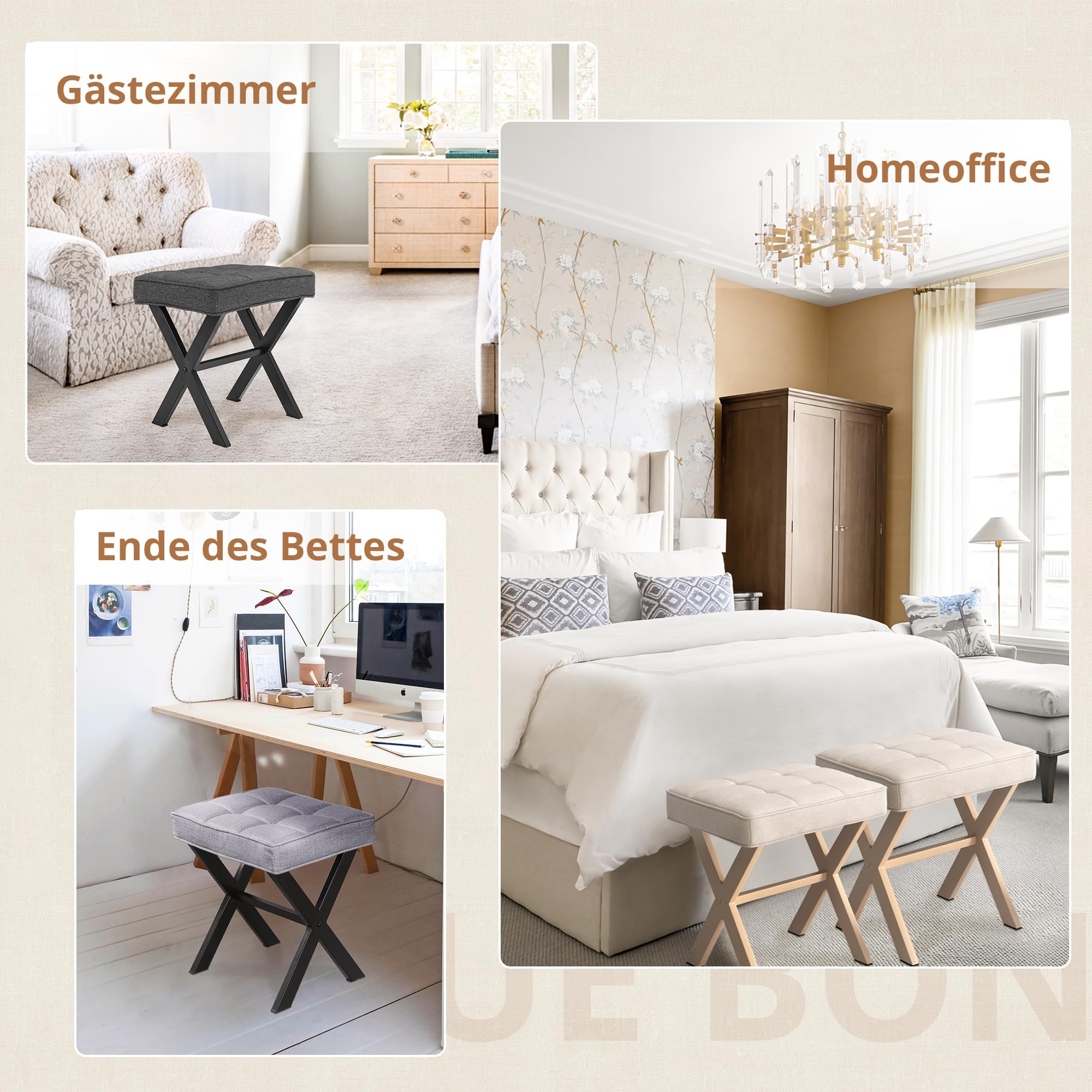 LUE BONA Fußhocker,Make-up Hocker mit X-Bein,Polsterhocker,Schminkhocker,Ottoman Sitz Fußstütze Hocker,Leinen Sitzhocker für Wohnzimmer,Schlafzimmer,43 x 33 x 46 cm,Leinen-Sand