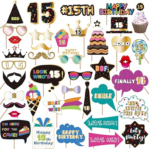 BRT Bearingshui Accesorios para fotomatón de 15 - Accesorios para fiestas de cumpleaños, carteles, decoraciones y recuerdos