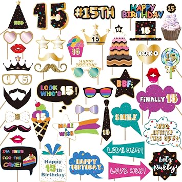15th Birthday Photo Booth Props and Party Decorations - Accessory and Sign Favors