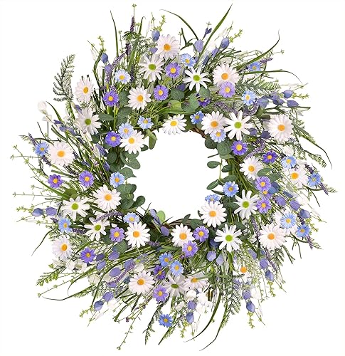 LSKYTOP 24Inch Daisy Flower Wreaths Purple Wreath with Green Eucalyptus