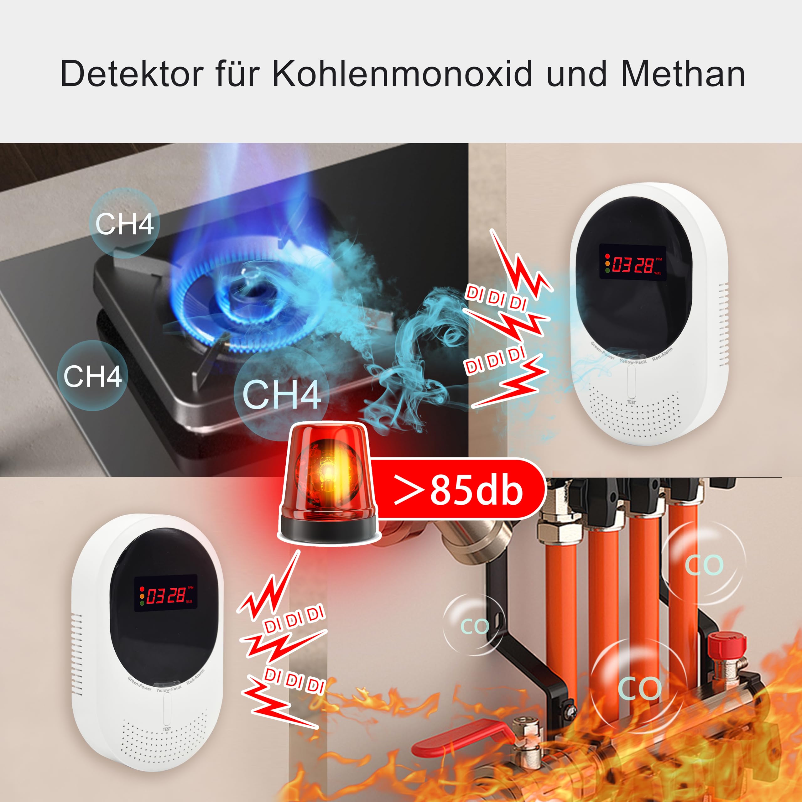 Kohlenmonoxid & Gasmelder Steckdose – CO Alarm erkennt Methan, Erdgas & Propan, mit LCD Display & 85dB Warnton, EN50291 & EN50194 Zertifiziert, zuverlässiger Gasdetektor für Zuhause (2 Stück)