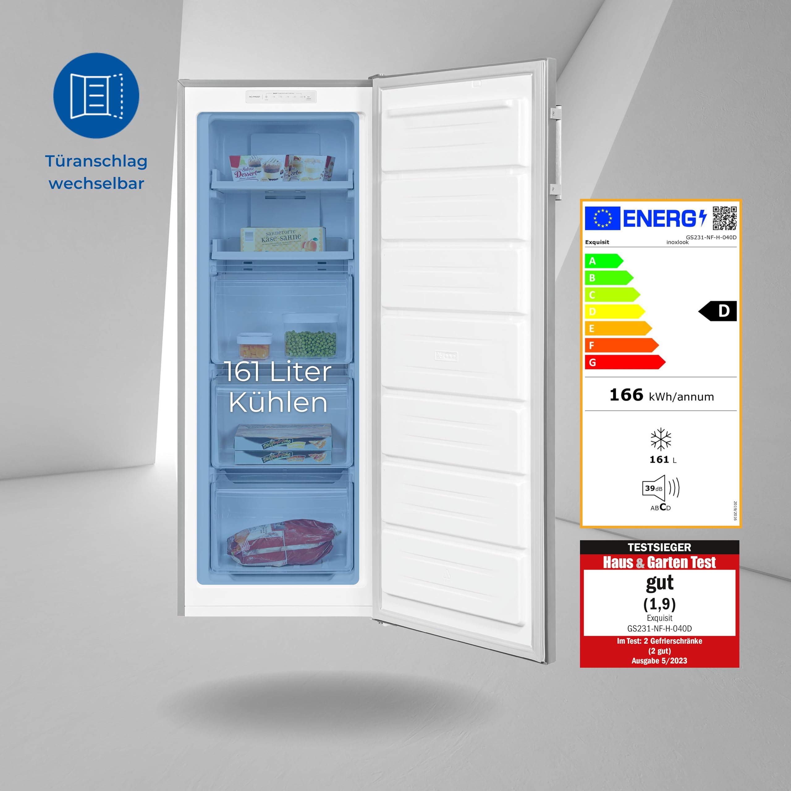 Exquisit GS231-NF-H-040D Gefrierschrank Inoxlook - 161 L NoFrost Froster | Stand-Gefrierschrank mit Umluftkühlung, LED-Temperaturanzeige, Schnellgefrierfunktion & wechselbarem Türanschlag