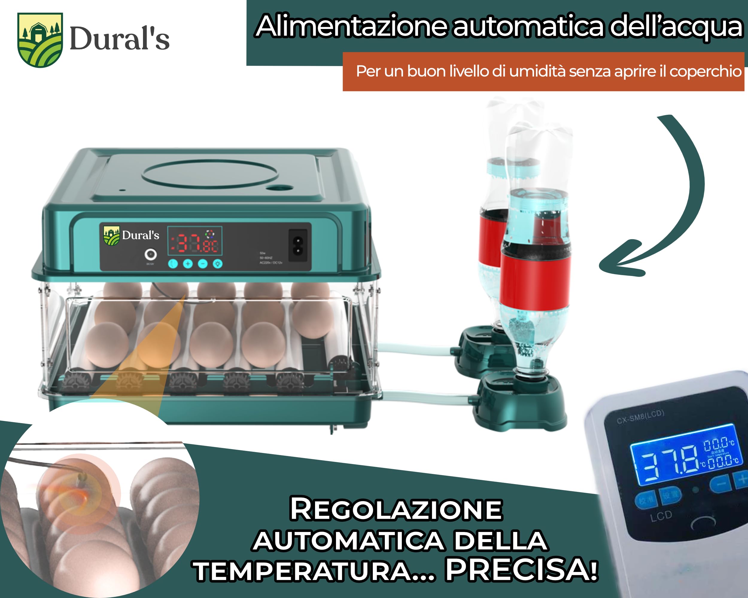 Dural's | Incubatrice per Uova | Certificata CE | Incubatrice per Uova Automatica con Controllo Preciso della Temperatura e Rotazione + EBOOK