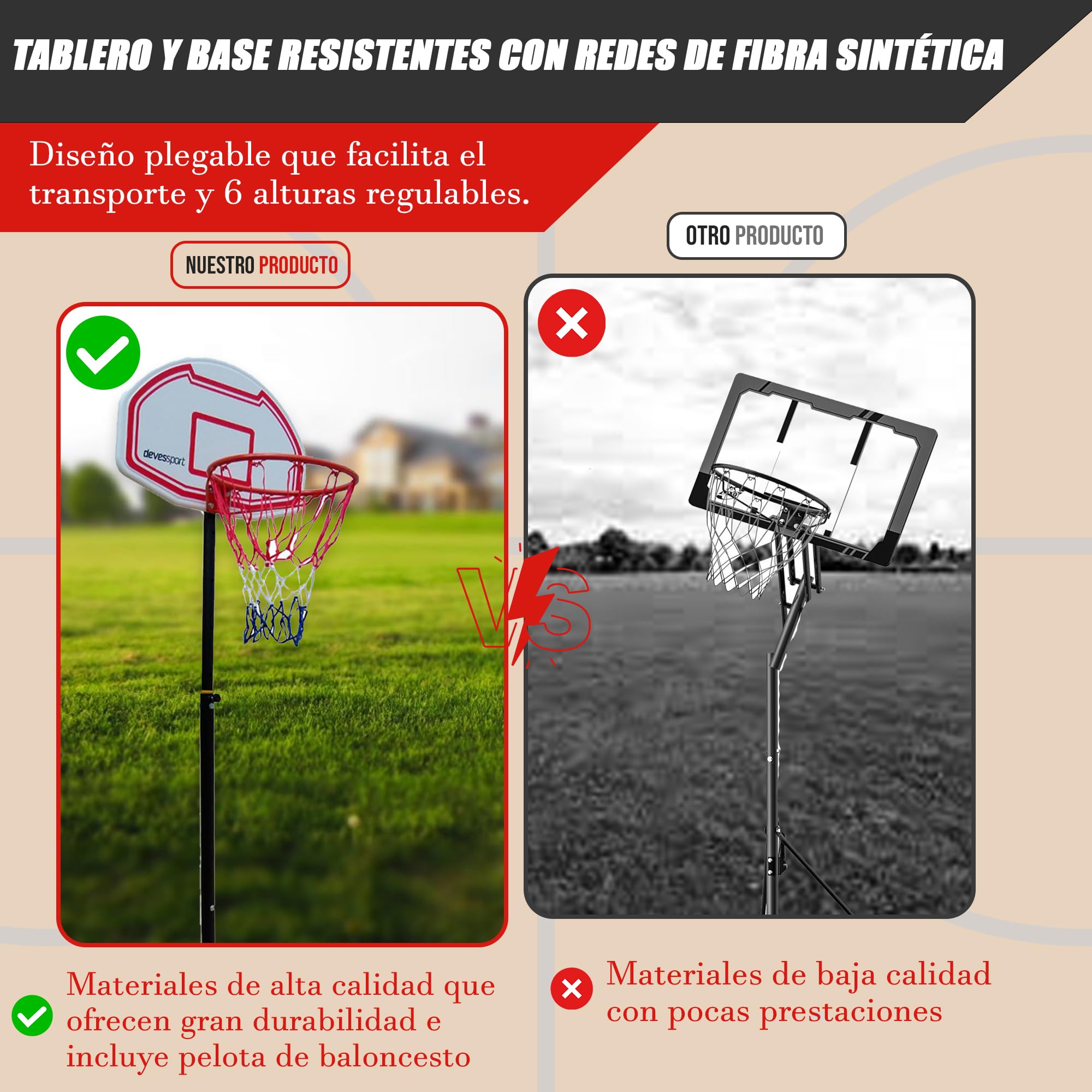 DEVESSPORT Canasta Baloncesto Regulable 165-210 cm | Canasta Baloncesto Adolescentes y Adultos para Exterior | Canasta Ajustable con Base Estable y Aro con Red