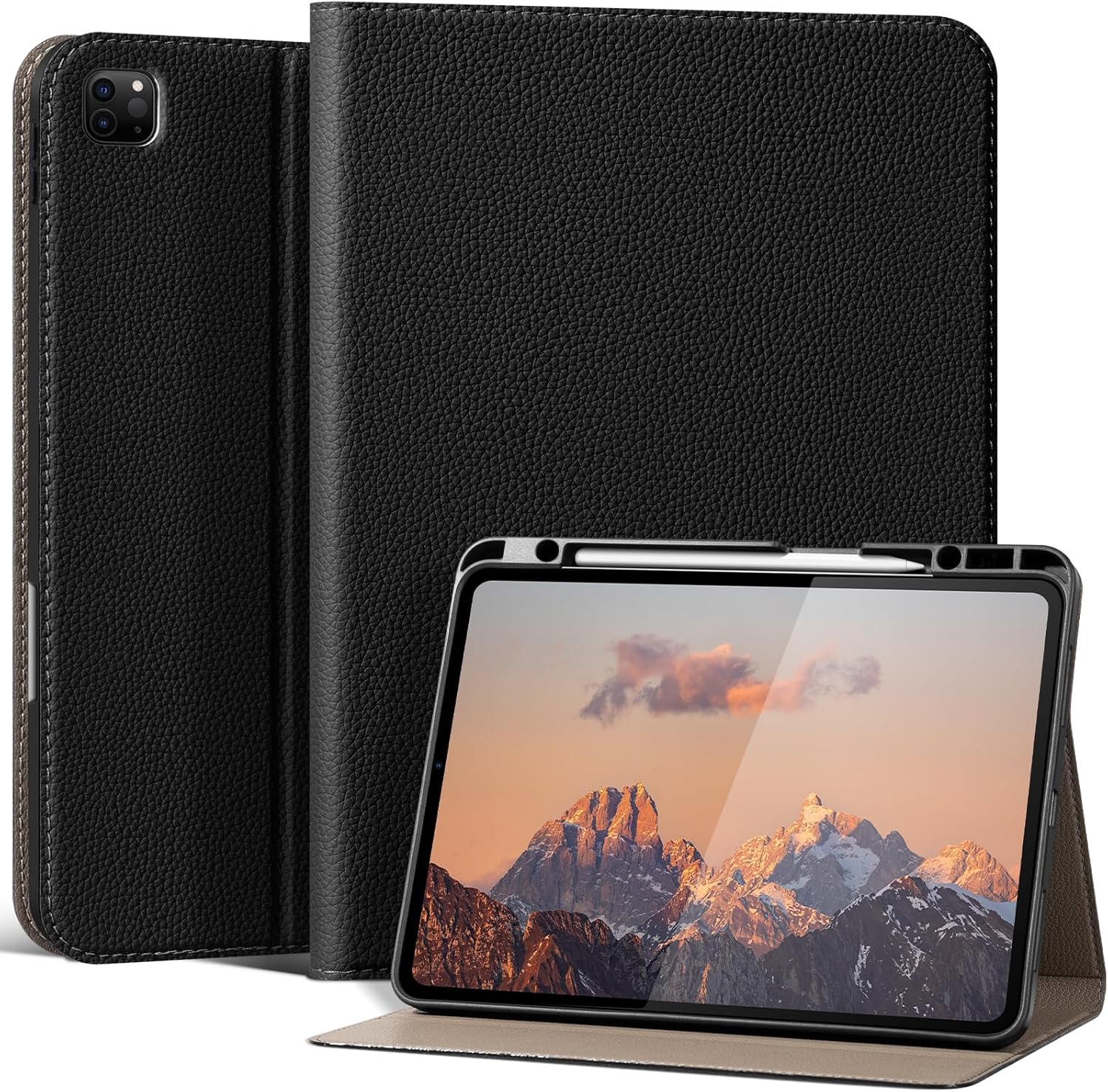 for iPad Pro 12.9 6th /5th /4th /3rd Generation Case 2022/2021/2020/2018, Premium Leather Folio Stand Cover with Built-in Apple Pencil Holder -Auto Wake/Sleep and Multi Viewing Angles, Black