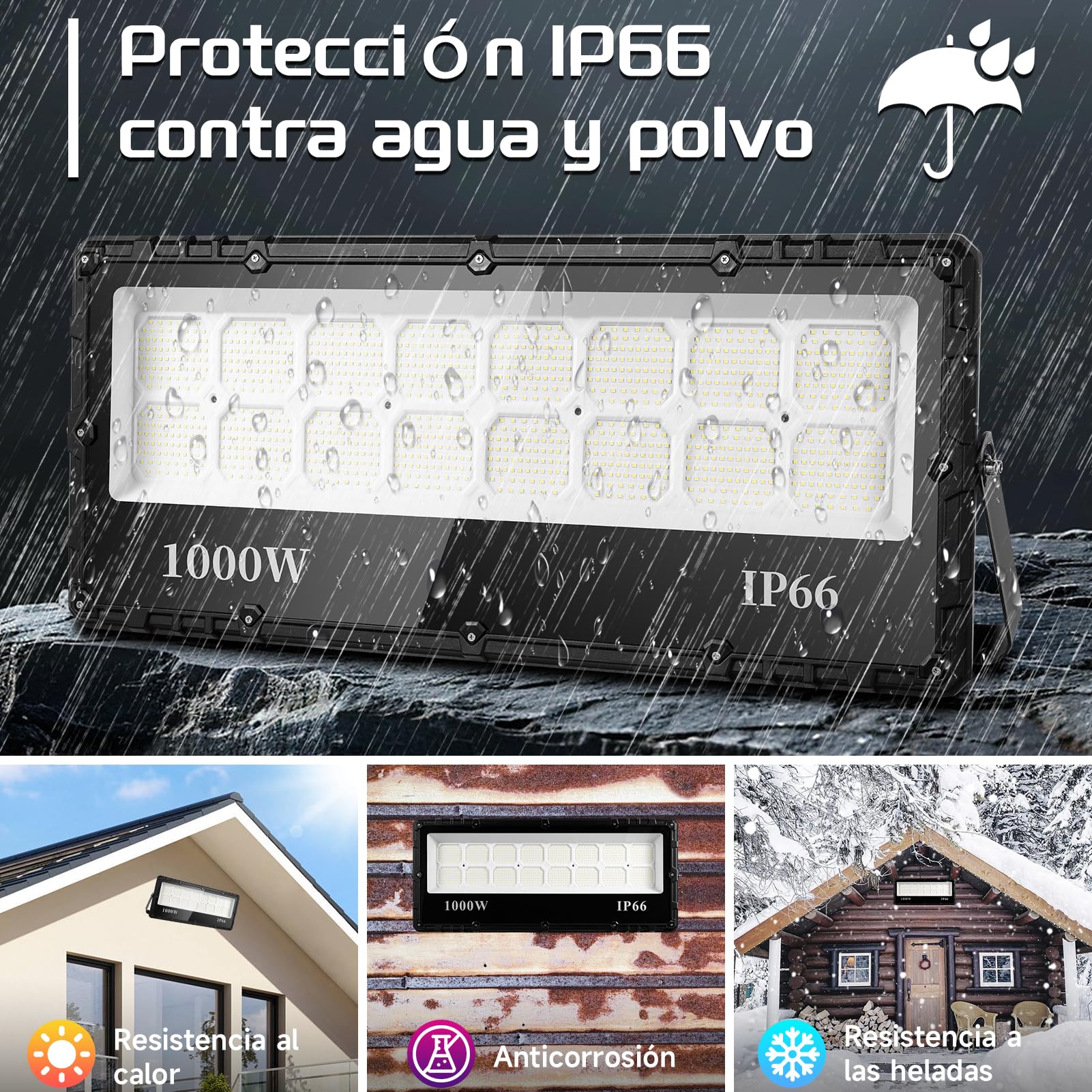 Focos LED Exteriores 1000W 100000LM, Focos LED Super Brillante Blanca Fría de 6500K, IP66 Impermeable Luces de Seguridad Iluminación para Giardino Garage Patio Prato Stadio