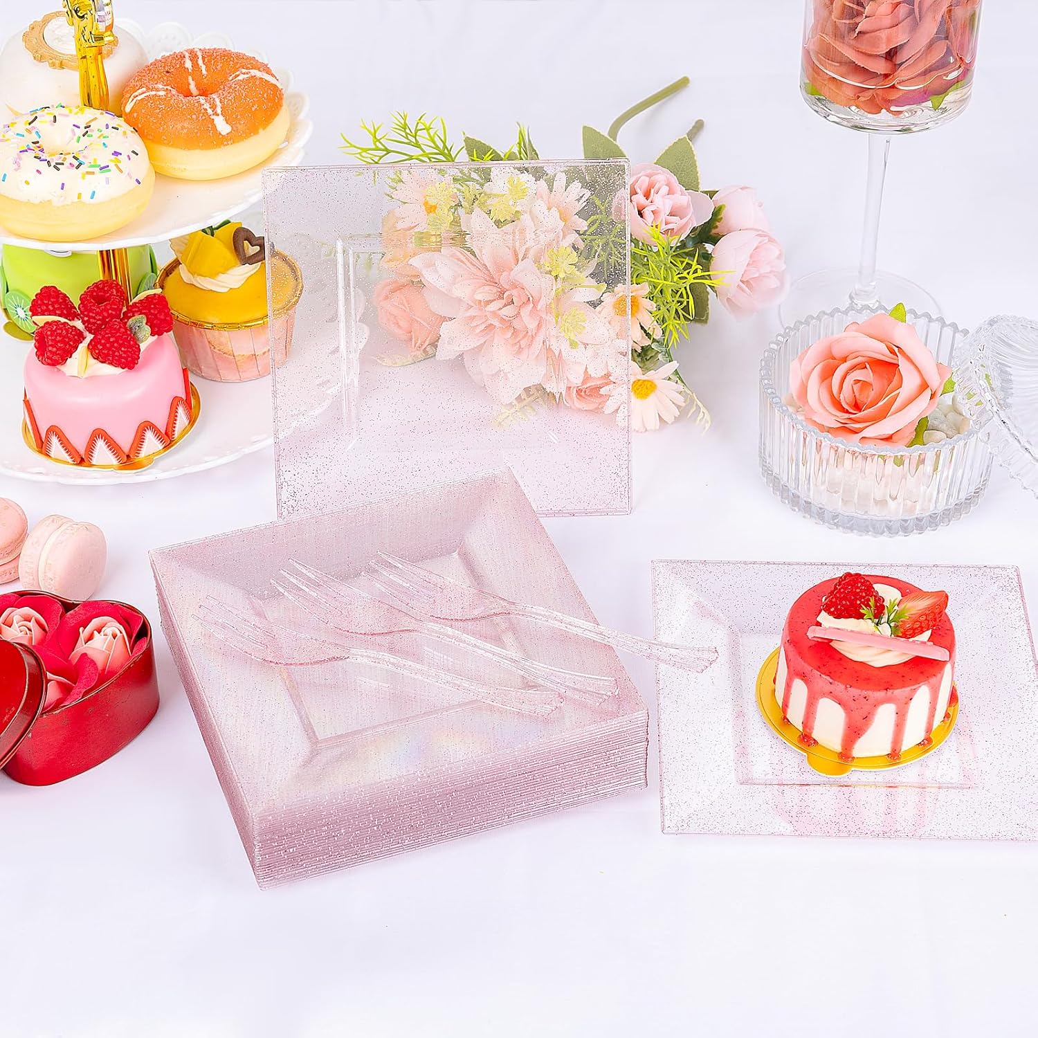 DaYammi 200 Pcs Pink Dessert Plates Including 100Pcs Appetizer plates 6'',100Pcs Plastic Forks 5.7'',Rose Glitter Plastic Square Plate for Wedding,Pink Cake plates and forks for Mother's Day Party