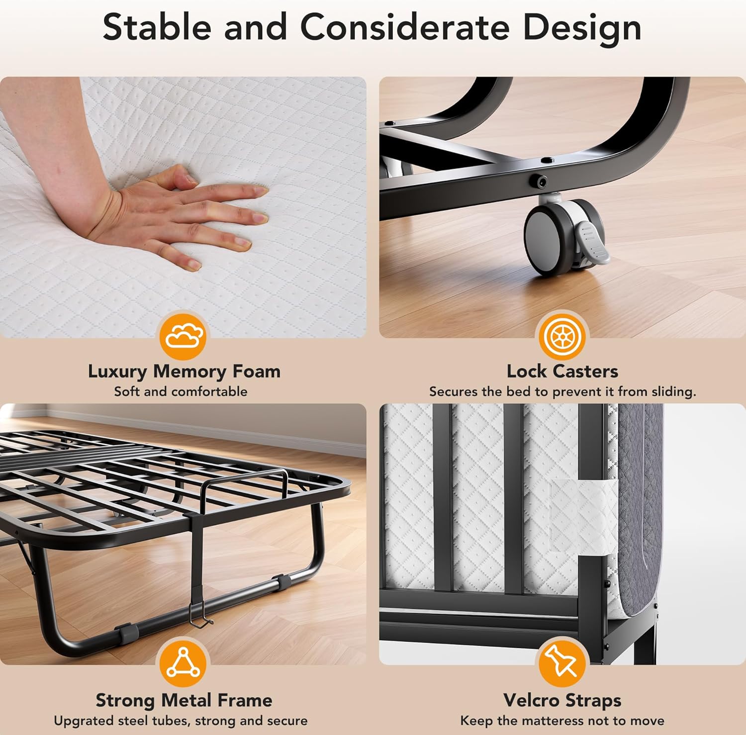 Folding Bed with Memory Foam Mattress, 75" x 31" Cot Size Portable Foldable Bed with Movable Wheels, Space-Saving Sturdy Metal Frame, Twin Rollaway Bed for Adults for Guest Room, Apartment, Camping