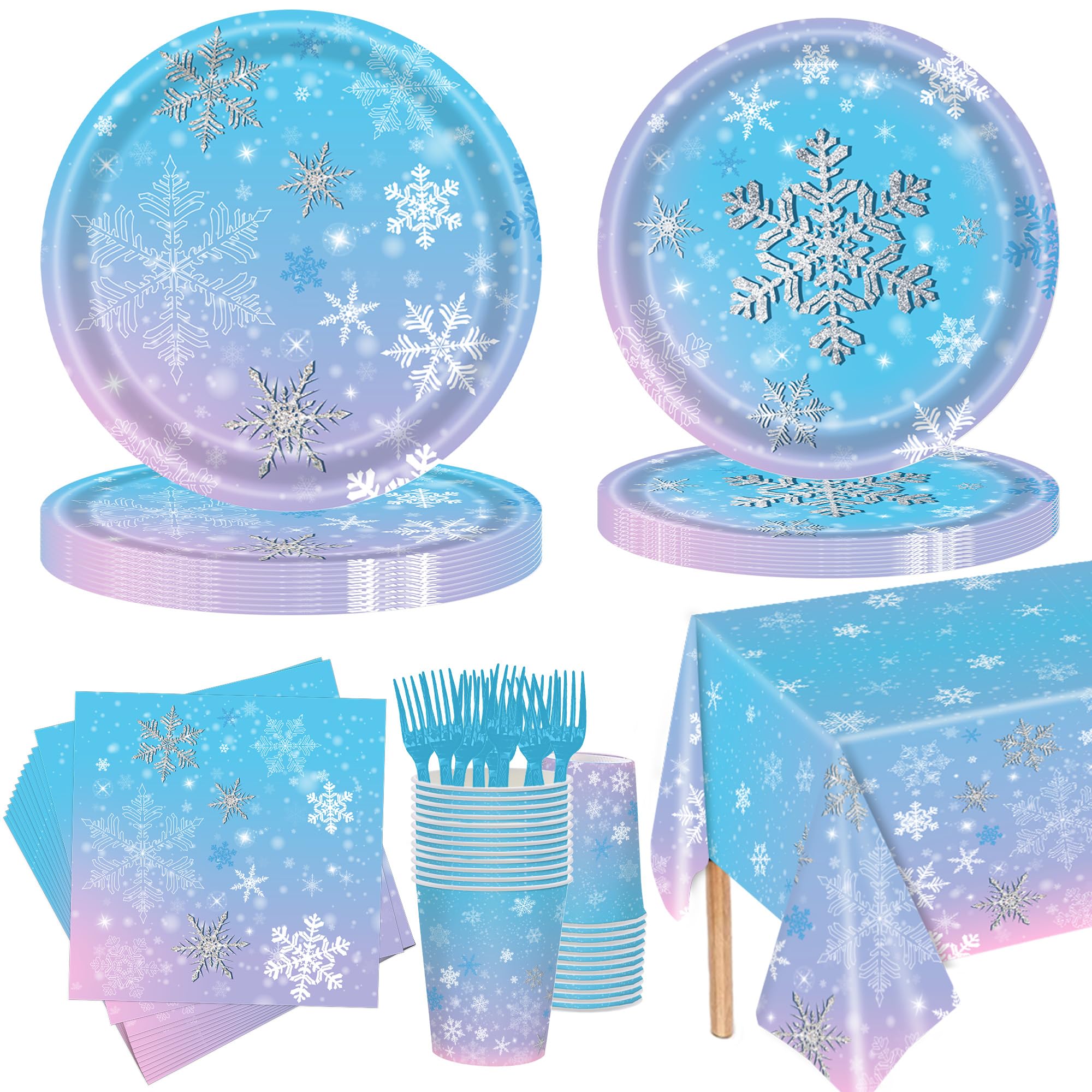 Xindtek 126 Pcs Frozen Birthday Party Supplies Disposable Winter Snowflake Paper Plates Napkins Cups Forks Tablecloth for Christmas Winter Wonderland