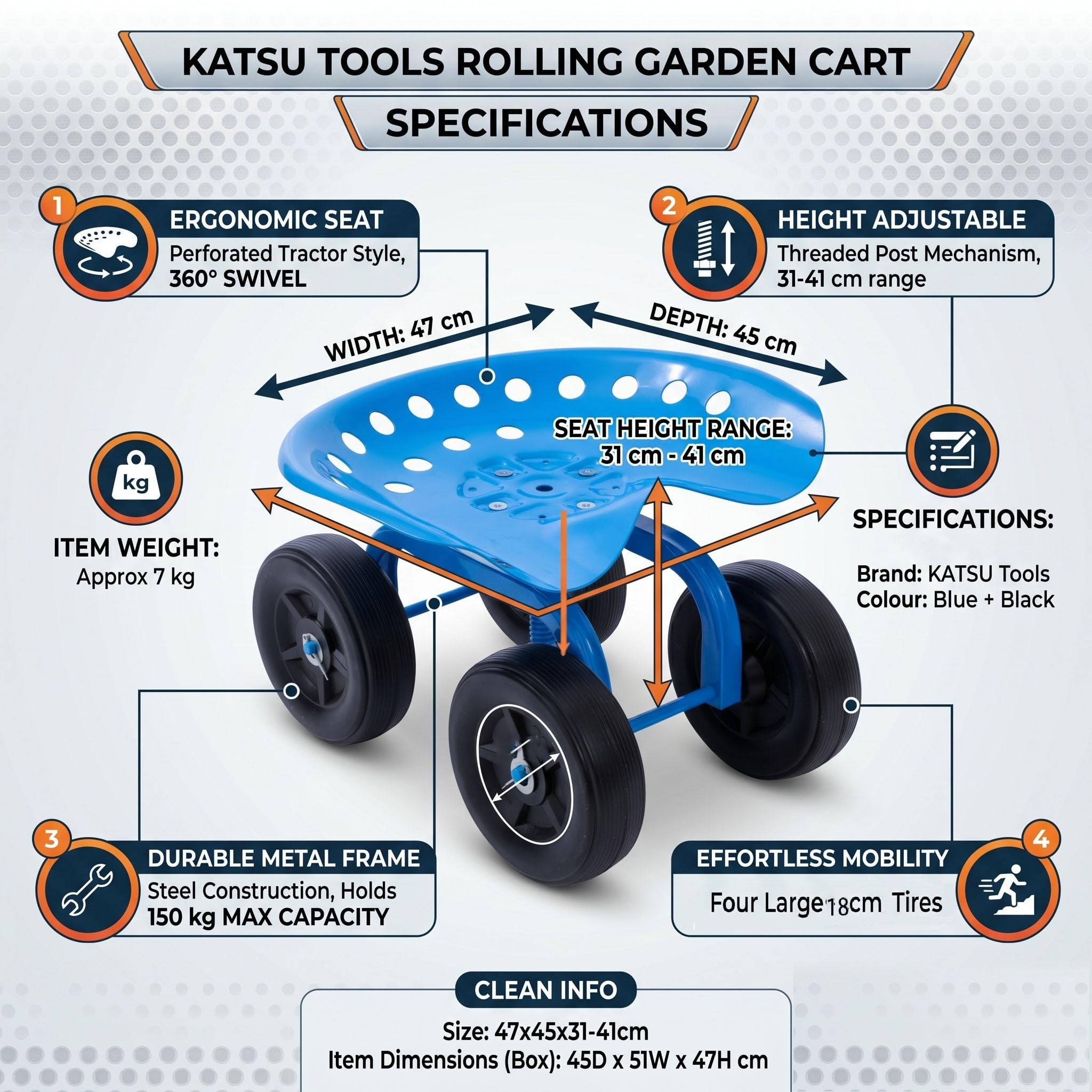 KATSU Tools Carrito de jardín rodante, taburete de taller, giratorio 360° y asiento de trabajo ajustable en altura, para tareas al aire libre, reparación de automóviles