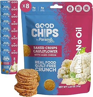 Baked Cauliflower & Aged Cheese Crisps by GOOD CHIPS! Oil-Free, High Protein, Guilt-Free Healthy Snack - 1.23 oz bags - Pack of 8