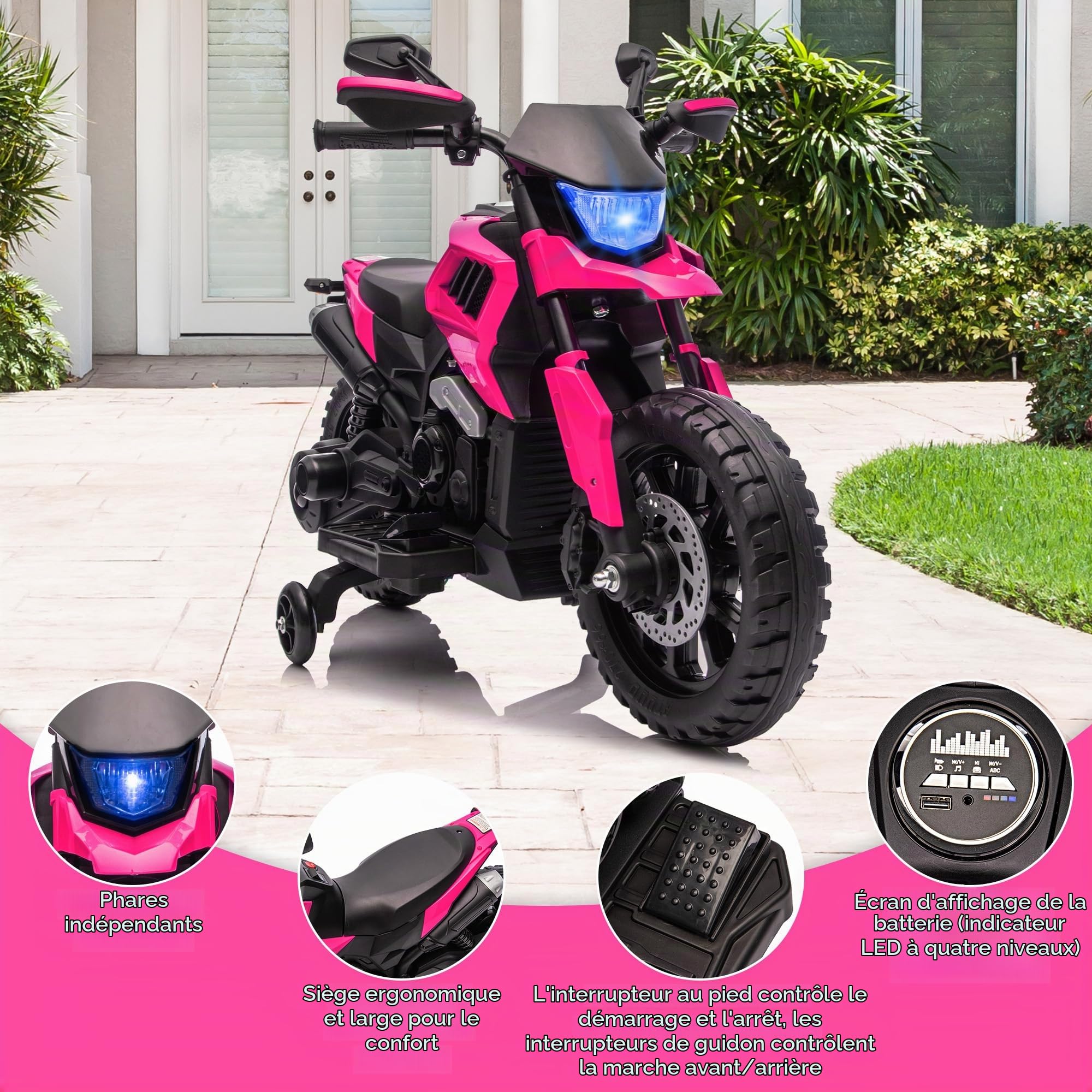 Moto Électrique Enfant 6V avec Roues Stabilisation, Moto Enfant Électrique avec 3 Vitesses Réglables, Véhicule Électrique Enfant Jusqu'à 6 Km/h, Batterie Rechargeable