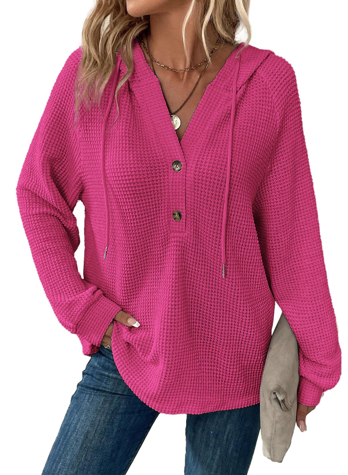 Dokotoo Damen Kapuzenpullover Knopfleiste V-Ausschnitt Hoodie Pullover Langarm Casual Sweatshirt Oberteil Tops S-XXL