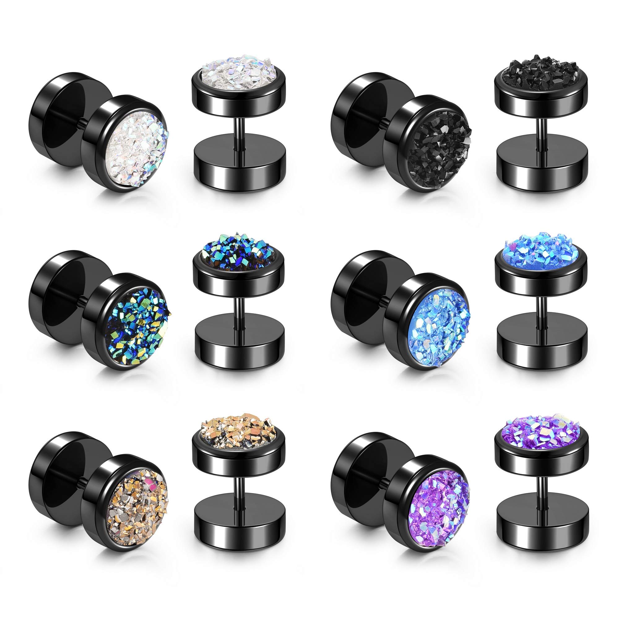 JSDDE 12er Chirurgenstahl Fake Plugs Ohrstecker Ohrläppchen Plugs Fake Ohrringe mit Funkelnd Kreis Ohr Cheater Tunnel Barbell Ohrpiercing für Damen Herren