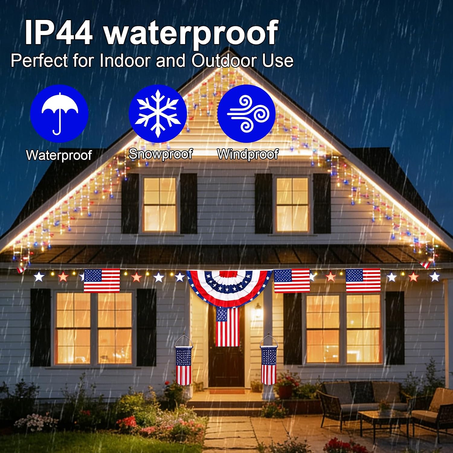300L Patriotic Frosted Icicle String Lights, White Wire, Red & White & Blue Color, 120V, for Independence Day & Patriotic Decor