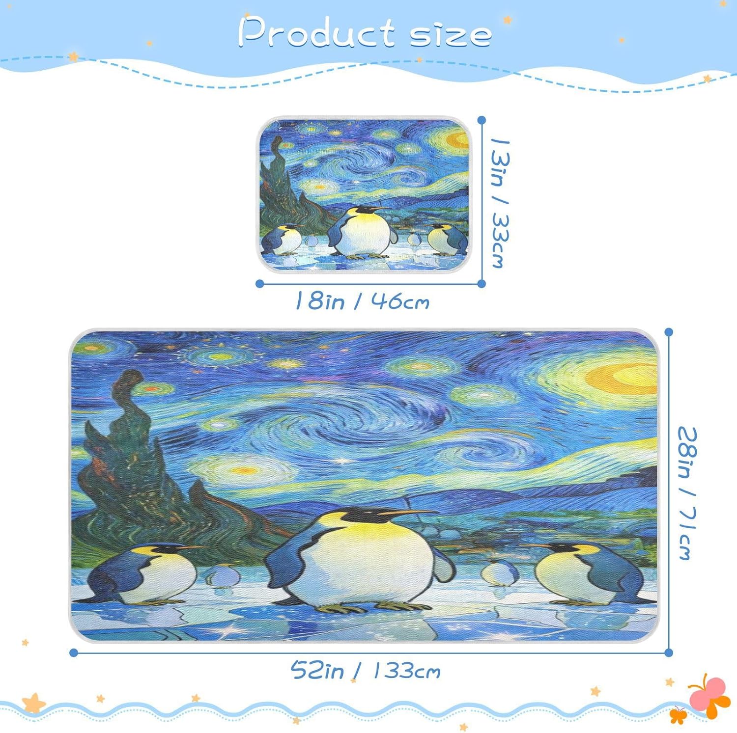 Cooling Baby Waterproof Crib Mattress Cover 28" x 52" Ultra Soft Starry Night Penguins Pads for Bed for Baby&Toddler