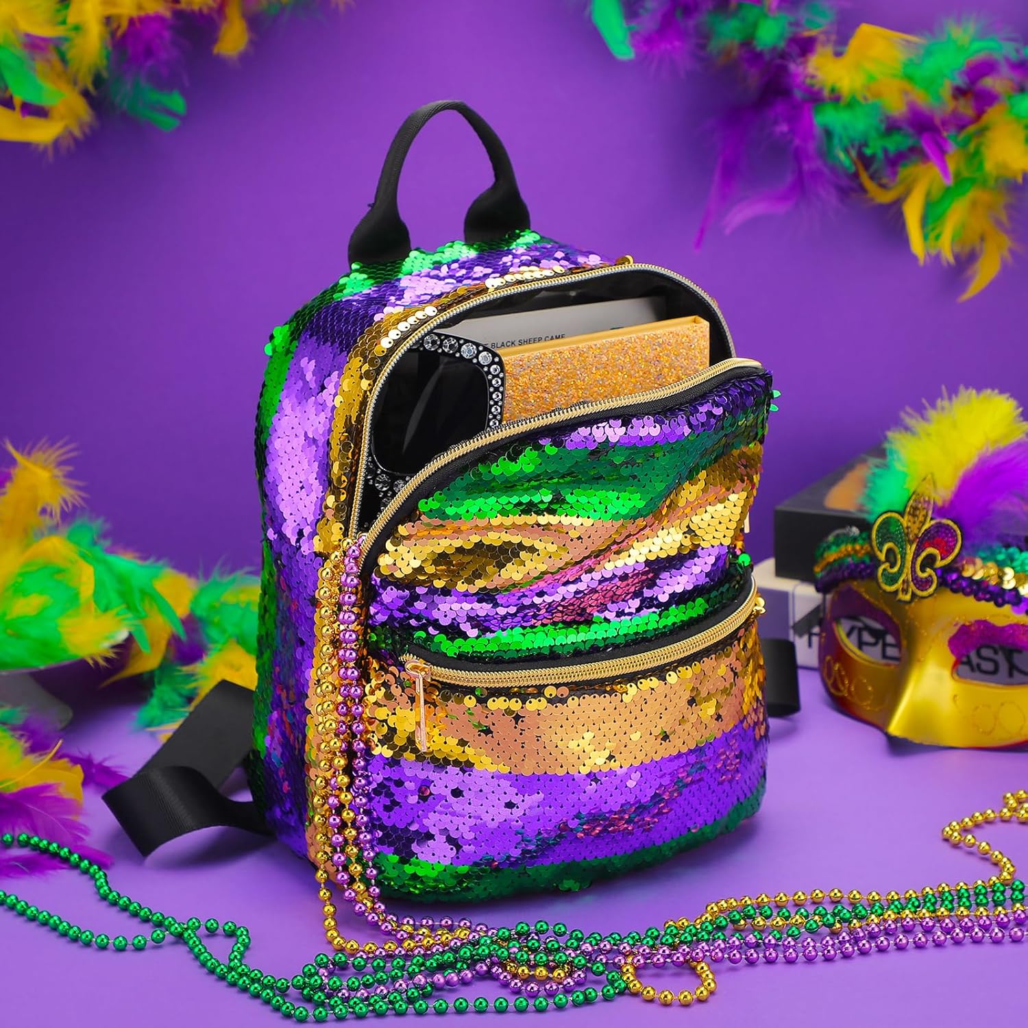 1 Pack 2 Pack Mardi Gras Bags Sequin Backpacks for Women Adjustable Glitter Sequin Purse for Mardi Gras Masquerade Party