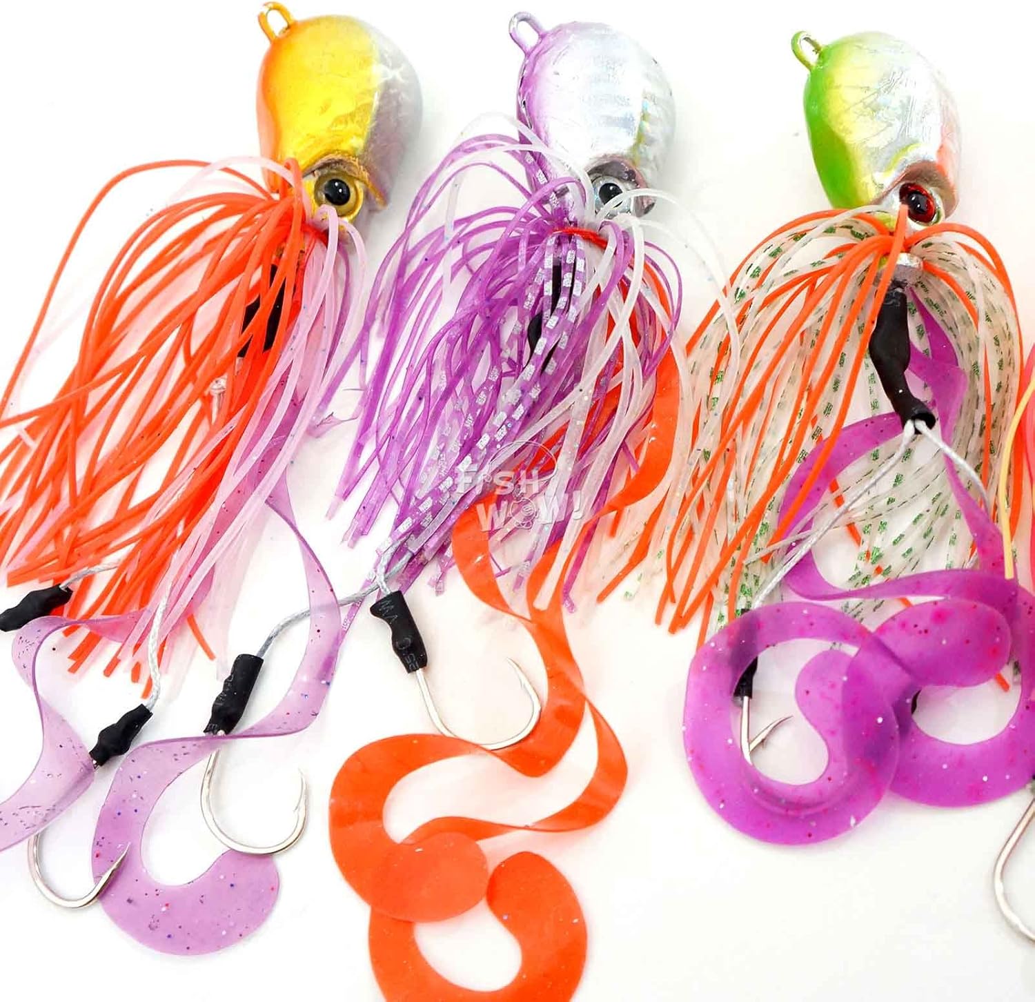 3pcs Fish WOW! 9oz Fishing Rigged Octopus Head Jig Colorful Rubber 255g Thunder Jig Weight Lures Jigging Heavy Bait w/Two Hooks -3 Colors- Green, Purple, Gold Orange