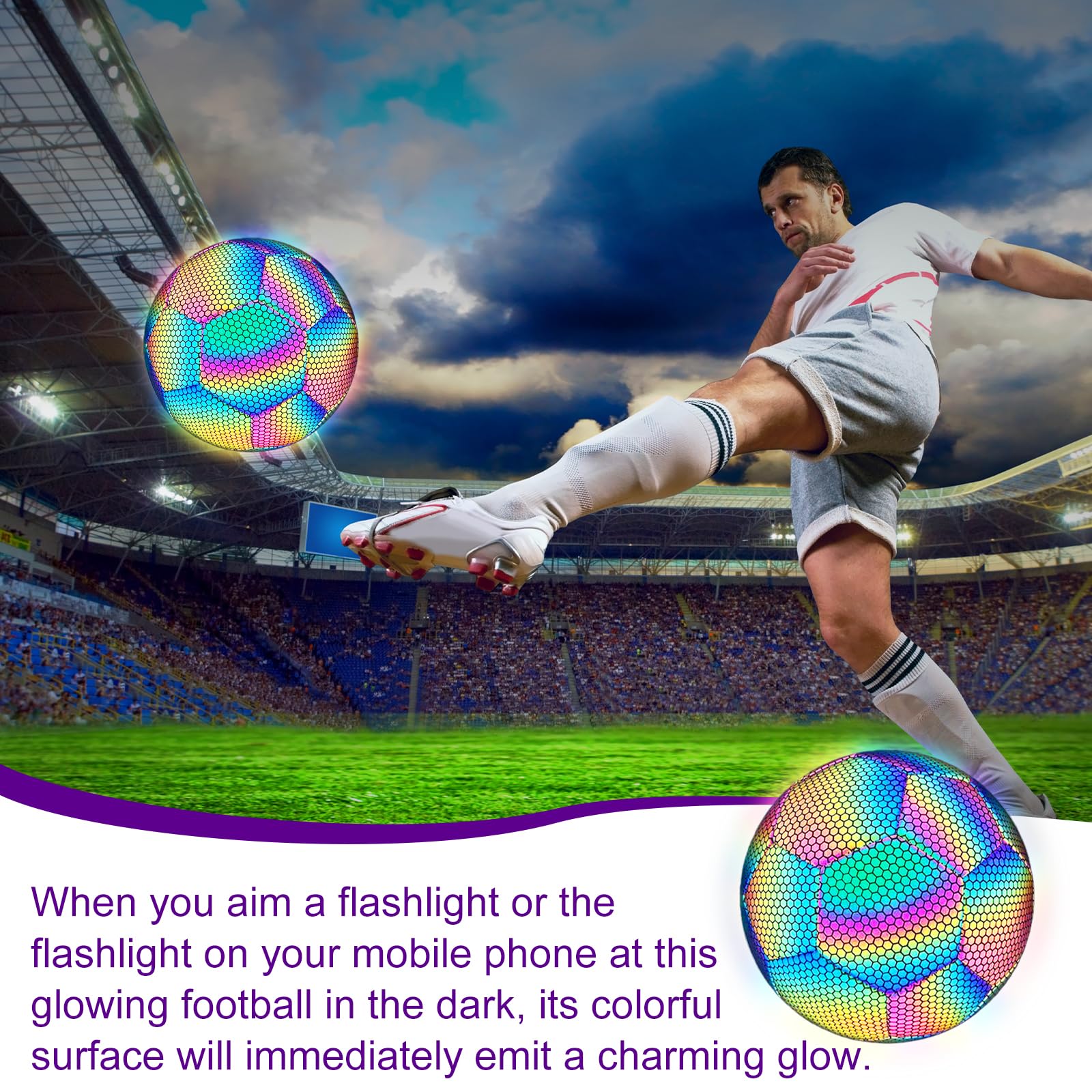 Ballon de football lumineux taille 5 - Ballon de football lumineux avec pompe - Sac de rangement - Holographique phosphorescent dans l'obscurité - Ballon de football réfléchissant pour jeux de nuit