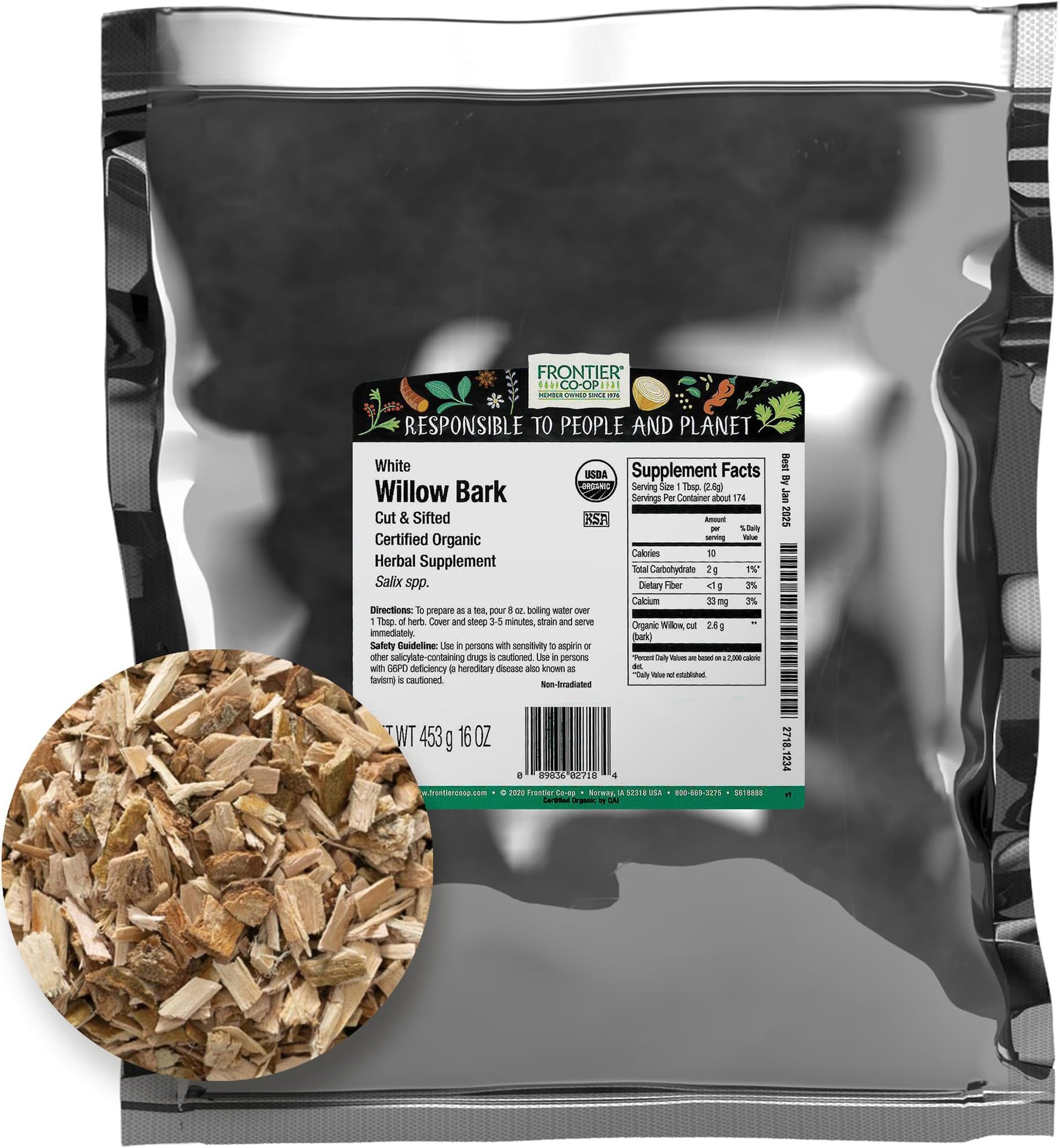 Frontier Co-op Organic Cut & Sifted White Willow Bark, Kosher | 16 Ounce (Pack of 1)