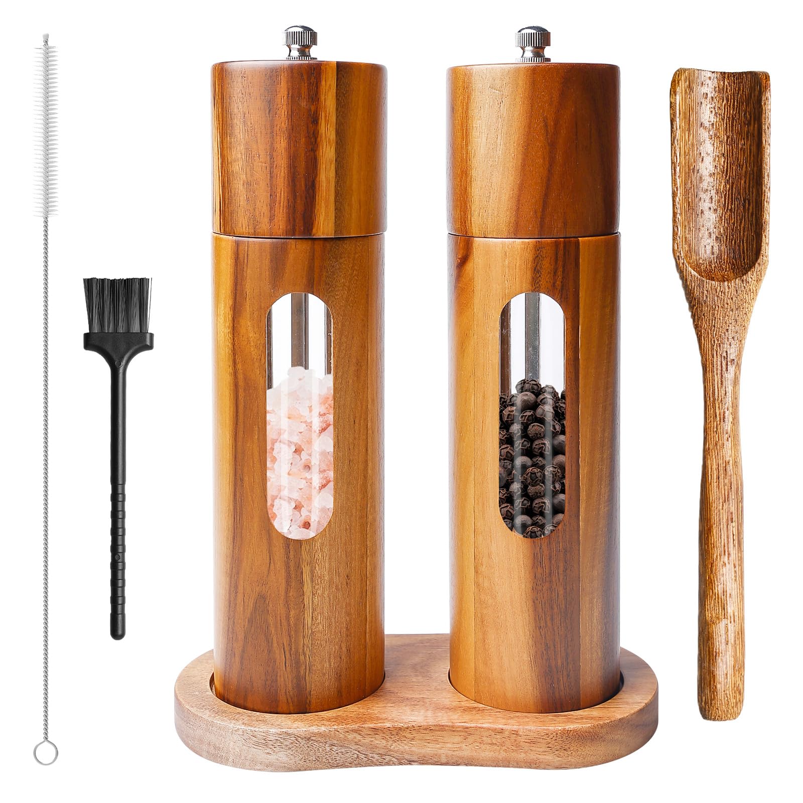 Set Da 2 Macinacaffè In Legno Uallsny Con Macina In Ceramica – Macinasale E Macinapepe Regolabili, Altezza 21,5 Cm, Con Sottobicchiere E Cucchiaio