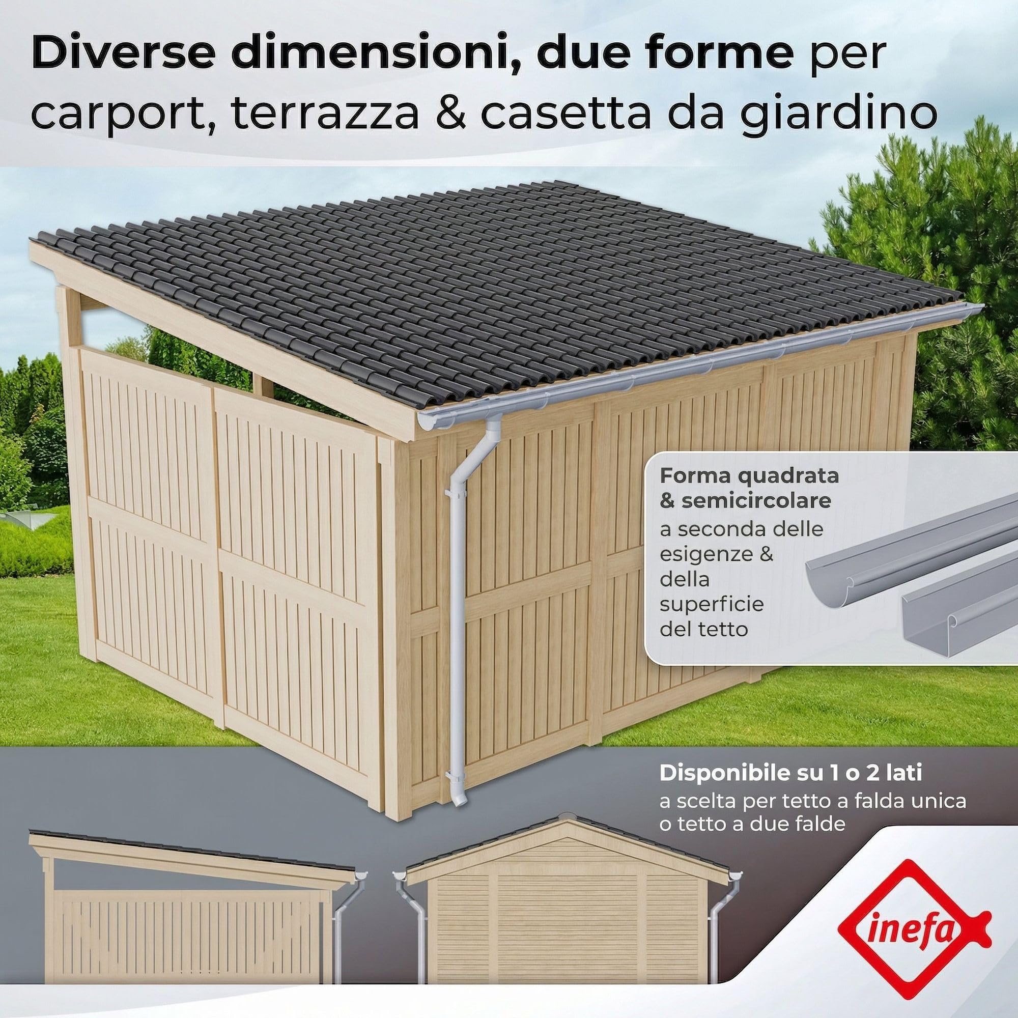 INEFA Set grondaia NW100 100mm PVC semicircolare – gronda 4m marrone scuro per 1 falda – grondaia per casetta da giardino carport
