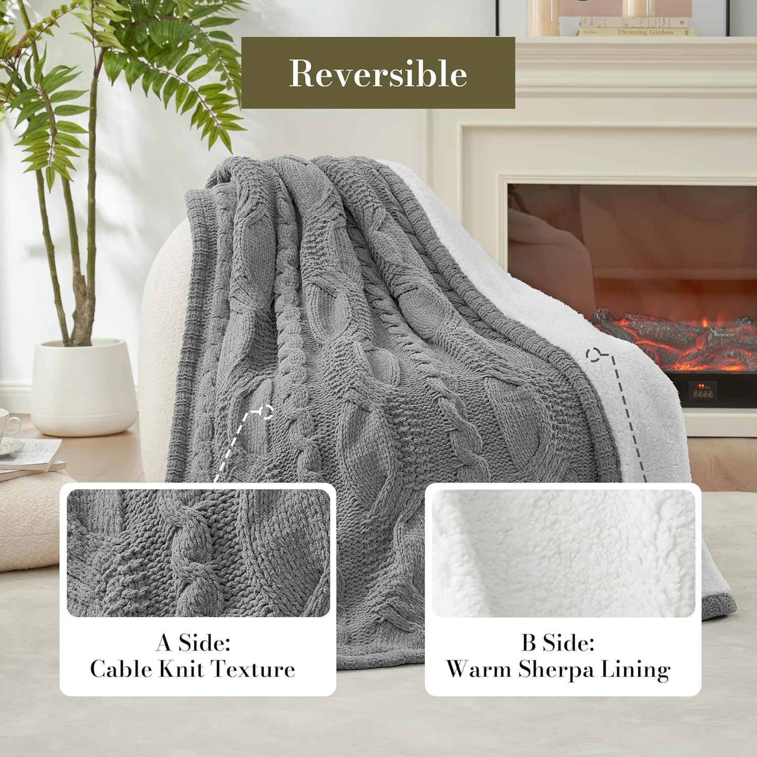 Amélie Home Cable Knit Throw Blanket for Couch, Chenille Sherpa Soft Cozy Throw Blankets for Sofa Chair Comfortable Home, 50"x60", Gray - Image 2