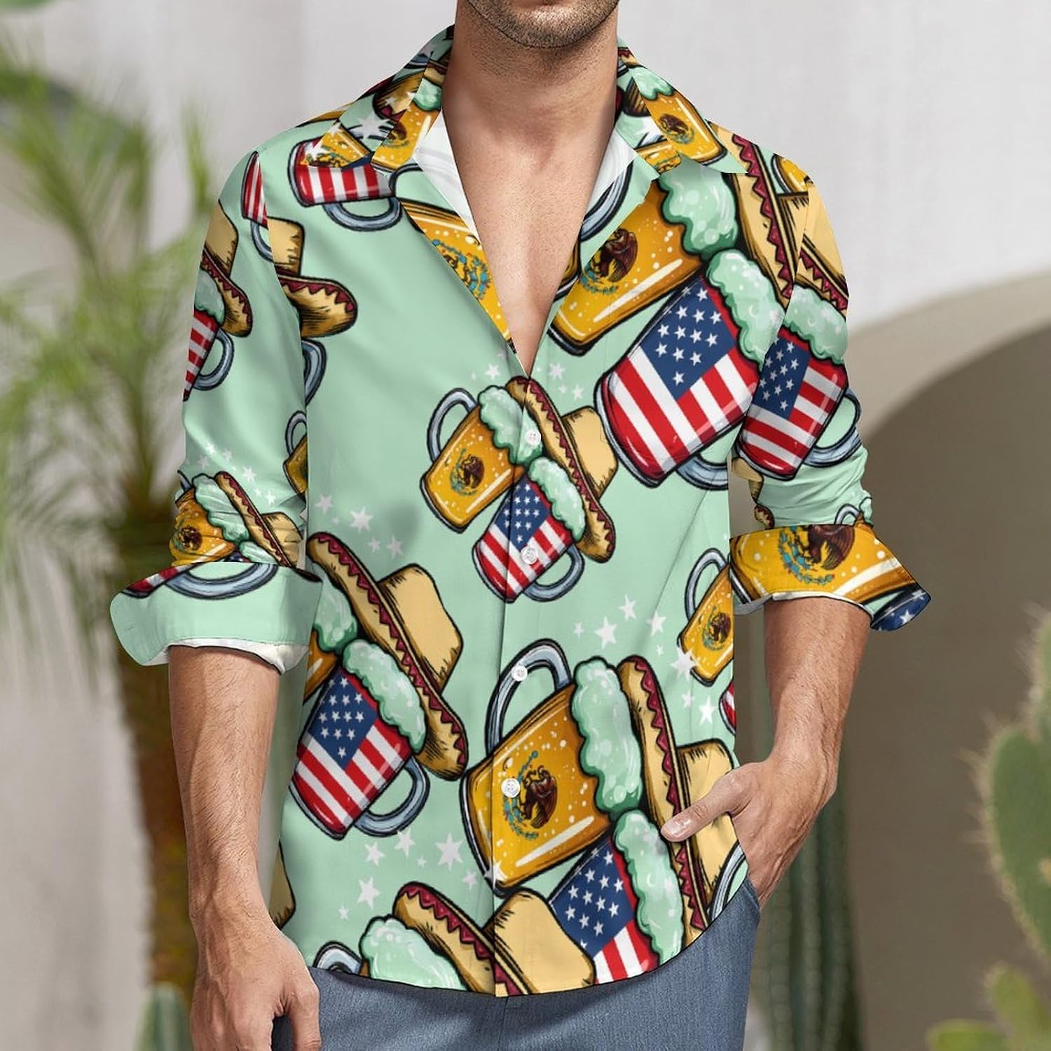 Beer Mexican USA Flag Long Sleeve Shirts Casual Dress Shirt Button-down T-shirts for Men