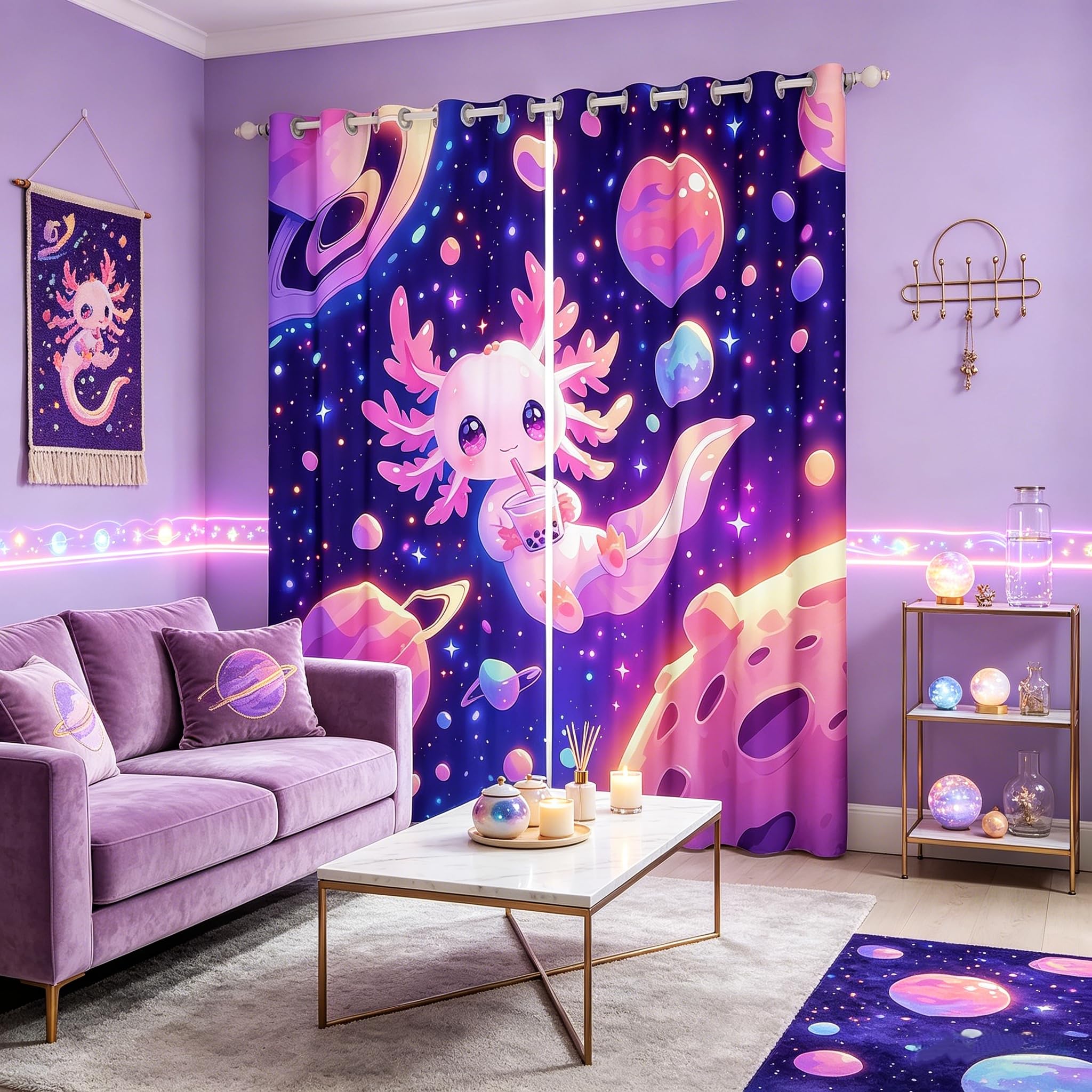Rideaux occultants axolotl pour une décoration de chambre espace et galaxie