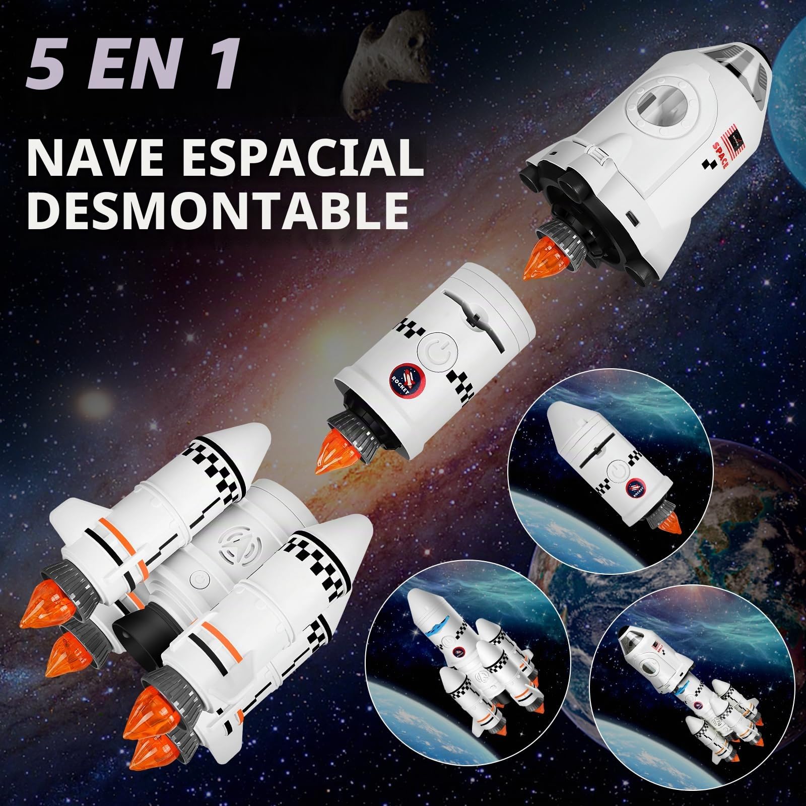 Herenear Cohete Espacial Juguete, Cohete Juguete para Niños de 6 7 8 9 10 11 12 Años, 5 En 1 Espacio Exploración Juego de Roles Juguetes con Astronautas y Lámpara de Proyección
