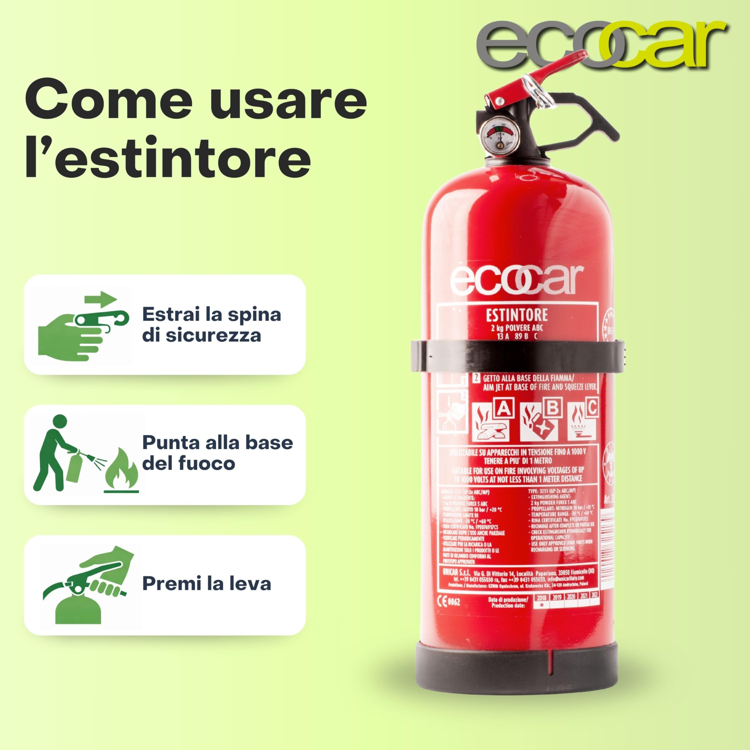 ecocar - Estintore 2kg in Polvere Omologato EN3 per Auto, Casa, B&B, Camper e Ufficio - con Manometro e Supporto Incluso