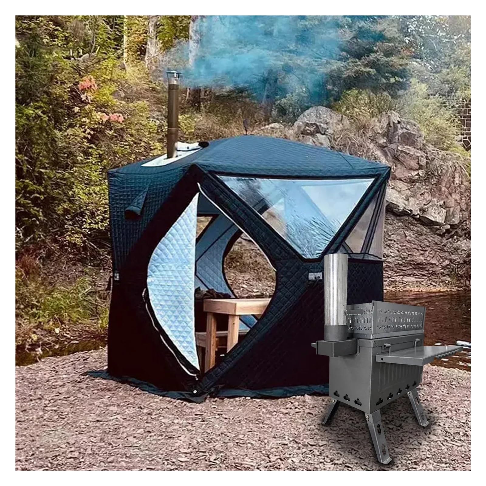 Sauna Ofen Camping Klappholzkohle Brennholz Outdoor Angeln Heizung Herd Multifunktions Tragbare Sauna Zelt Öfen(Black)