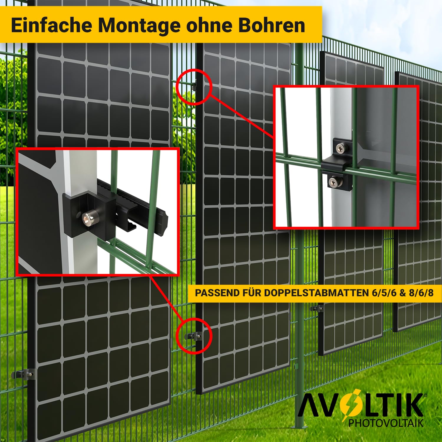 Avoltik Solarhalterung für Doppelstabmattenzaun | PV Halterung für Gartenzaun I Wetterfeste Halterung für Solarmodule am Zaun | rostfrei und sicherer Halt für Module 30 – 35 mm