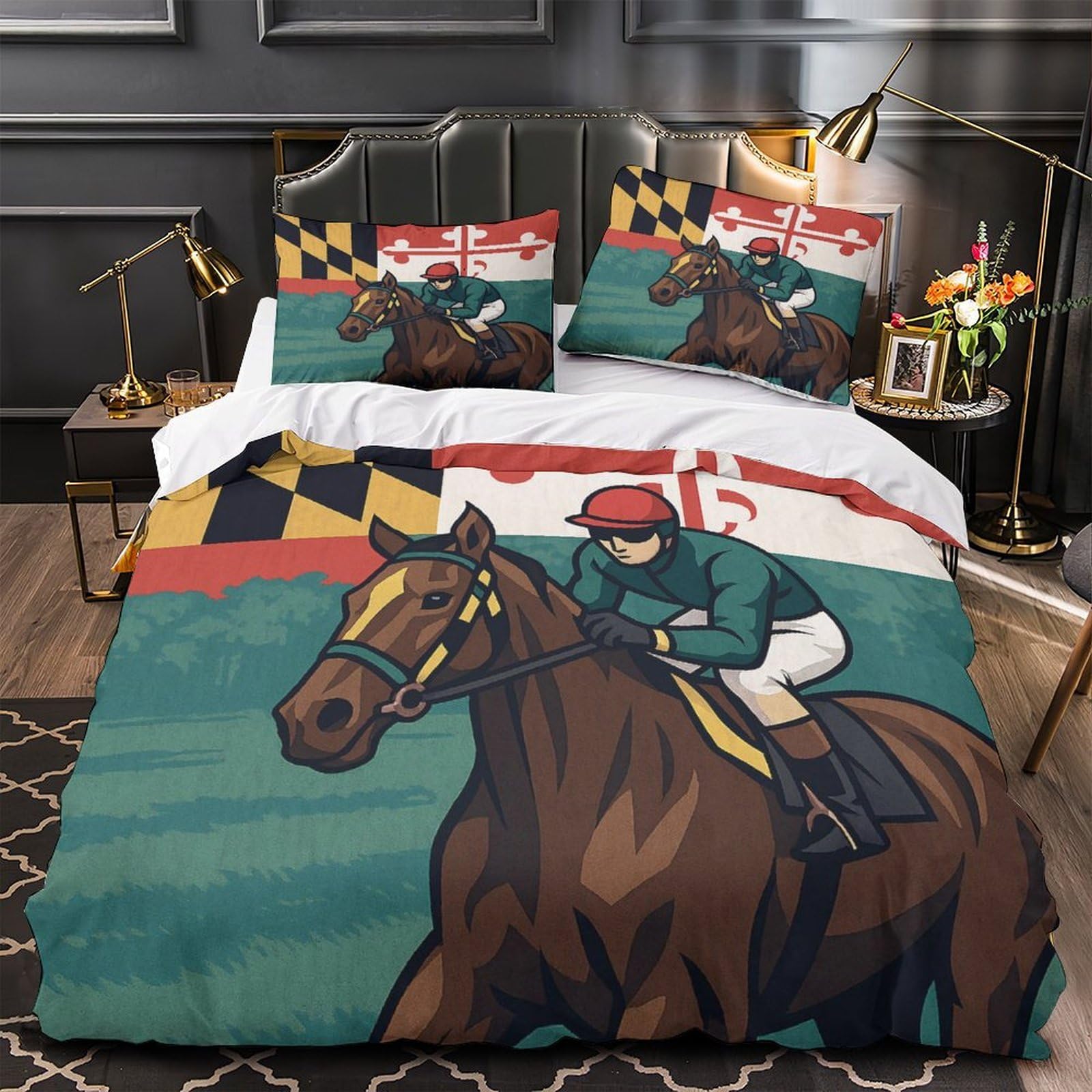 Housse de Couette Imprimée 3D Art des Courses Hippiques Légère et Confortable
