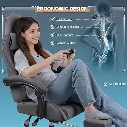 Miniatura 5 de Homall Silla de juegos de tela con soporte lumbar de masaje, silla ergonómica de videojuegos de carreras con reposapiés ajustable y reposacabezas