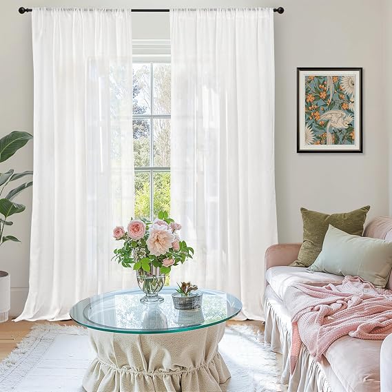 BGment White Linen Semi Sheer Curtains 84 Inch Length for Living Room | Rod Pocket Light Filtering Drapes for Bedroom Dining Long Window Treatments Lightweight, 2 Panels Set, 52 X 84 Inch