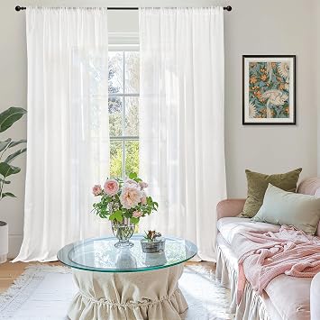 BGment White Linen Semi Sheer Curtains 84 Inch Length for Living Room | Rod Pocket Light Filtering Drapes for Bedroom Dining Long Window Treatments Lightweight, 2 Panels Set, 52 X 84 Inch