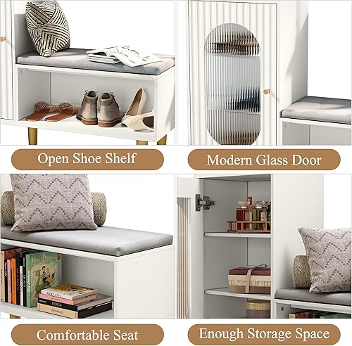 Miniatura 7 de HLR Banco de almacenamiento con puerta y estante de cristal, moderno banco de zapatos de entrada con asiento acolchado, armario de almacenamiento en