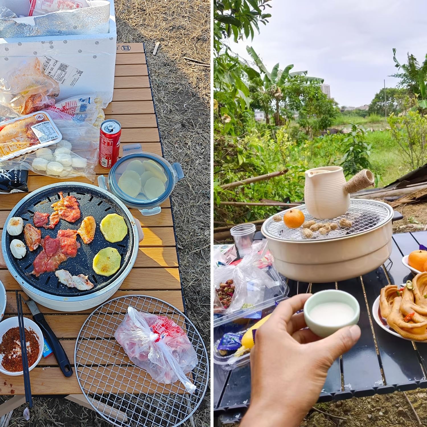 Okrągły grill z płytą do grillowania – przenośny grill kempingowy do gotowania na zewnątrz grill na węgiel drzewny na piknik i spotkania rodzinne