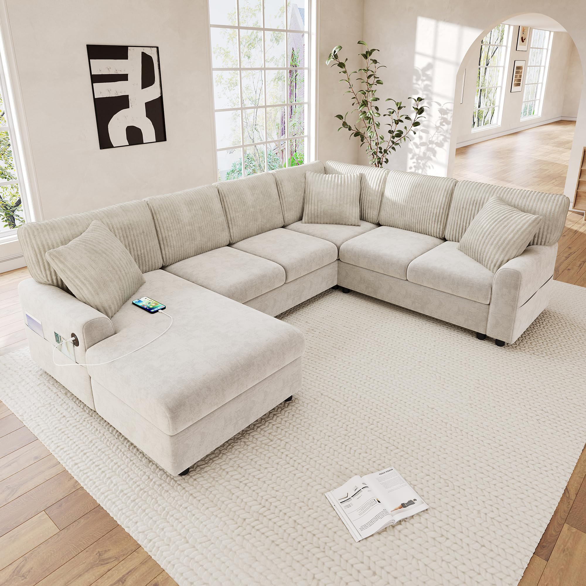 Sofá esquinero moderno en forma de U con 1 chaise longue, 3 cojines, color beige, 249 x 83 x 196 cm, reposabrazos laterales con bolsillos para revistas