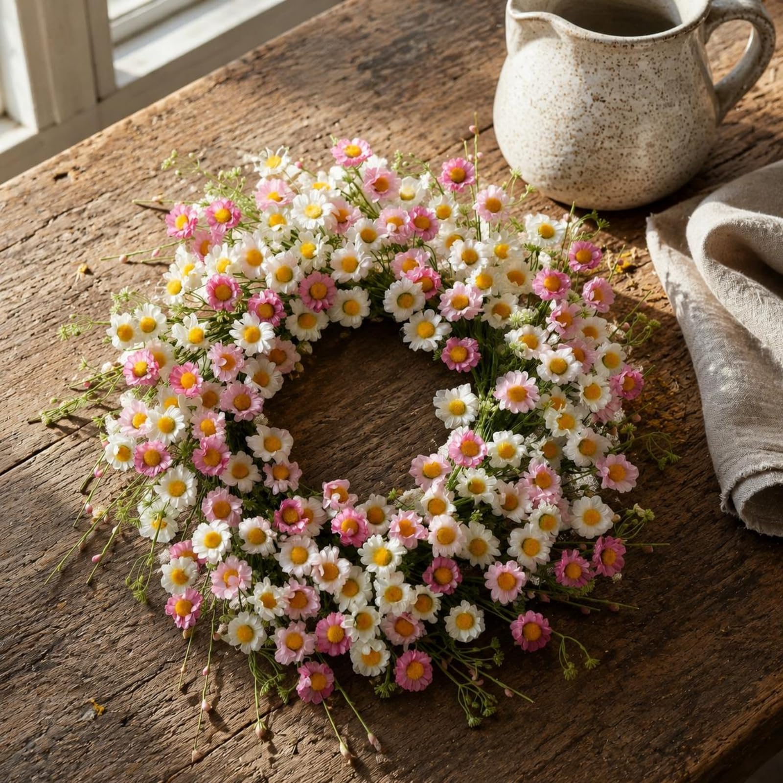 Ghirlanda Floreale Ghirlanda Porta Ghirlanda Fiorita Corona Decorativa con Fiori Artificiali in Plastica Contrasto Delicato con Centro Giallo Aspetto, Rosa, 45cm