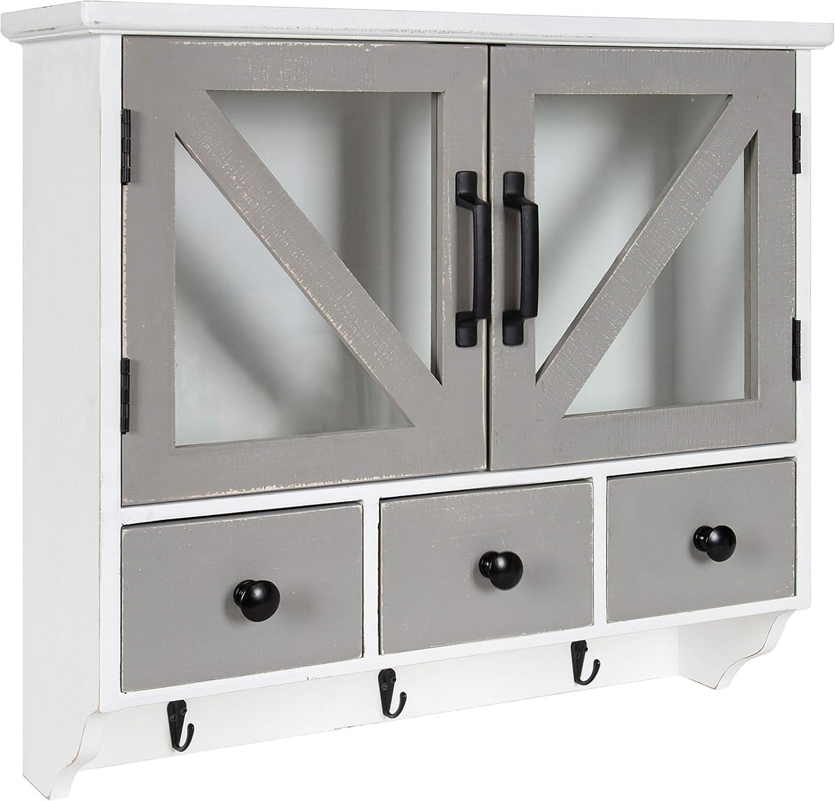 Kate and Laurel Hutchins Decorative Rustic Wood Wall Cabinet, 21" x 6" x 20", White and Gray, Farmhouse Decor Organizer with Magnetic Doors and Three Drawers