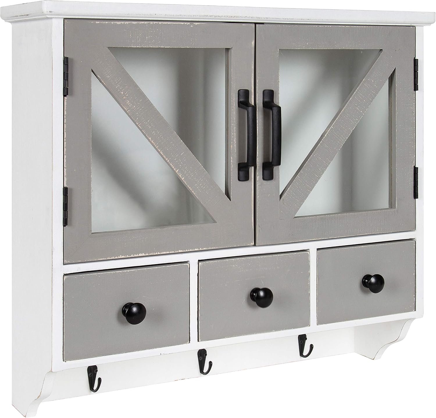 Kate and Laurel Hutchins Decorative Rustic Wood Wall Cabinet, 21" x 6" x 20", White and Gray, Farmhouse Decor Organizer with Magnetic Doors and Three Drawers