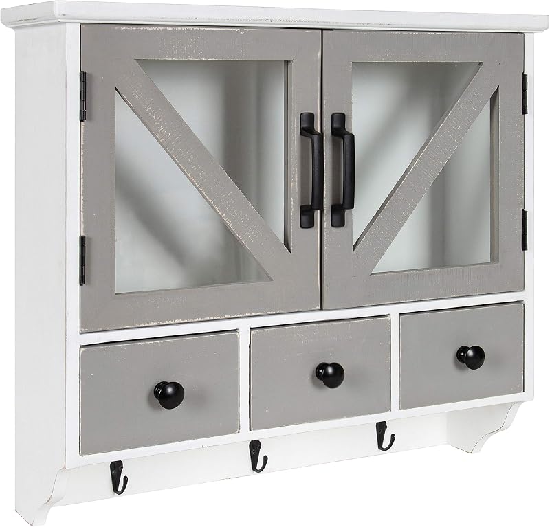 Kate and Laurel Hutchins Decorative Rustic Wood Wall Cabinet, 21" x 6" x 20", White and Gray, Farmhouse Decor Organizer with Magnetic Doors and Three Drawers