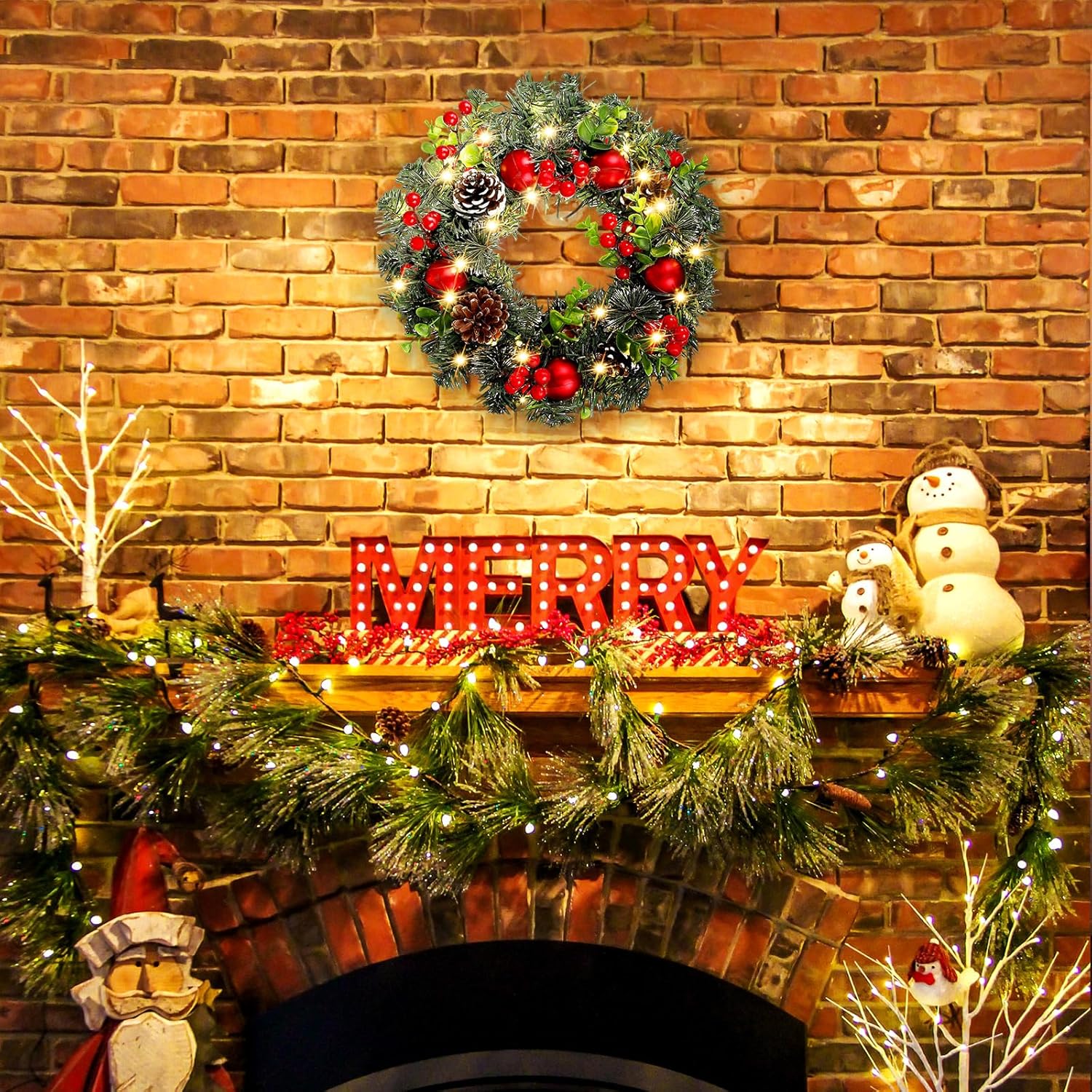 Ciieeo Christmas Wreath with LED Lights 11.8 in Berry Vine Hanging Garland for Front Door Decorations Holiday Home Festival Party Present