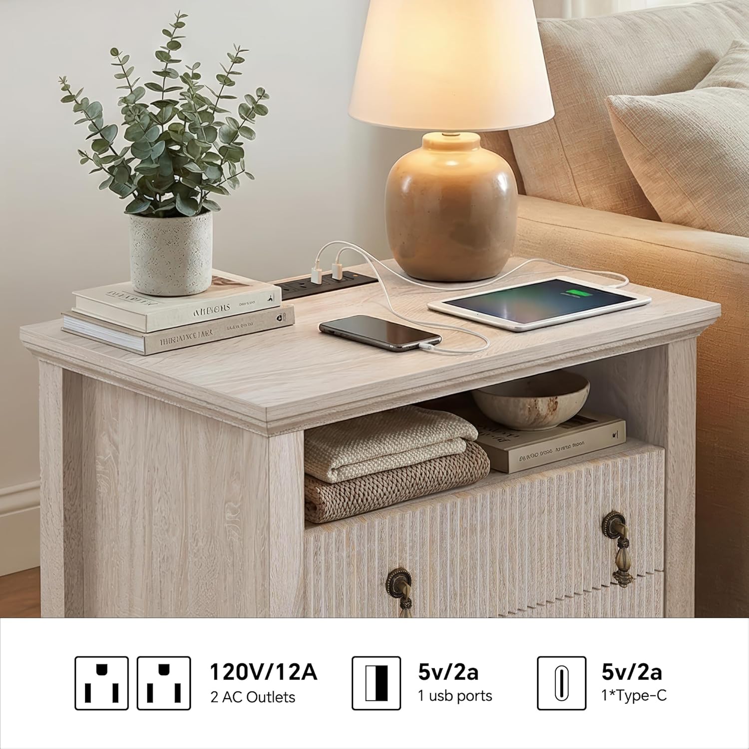 FUSUNBAO Nightstand with Charging Station, Vintage Bedside Table with 2 Fluted Drawers and Open Shelf, Rustic End Table with Power Outlet and USB Ports for Bedroom, White Oak