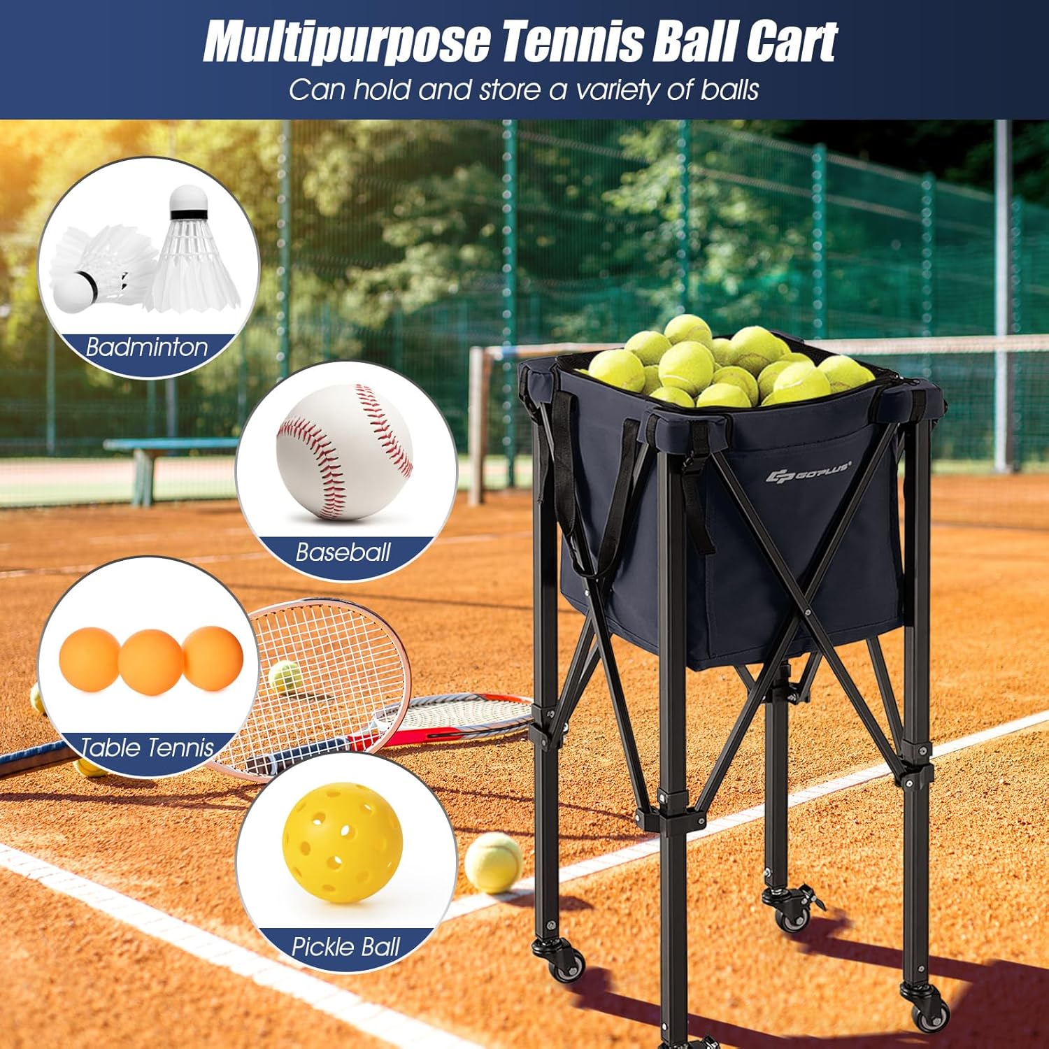 Goplus Foldable Tennis Ball Hopper, Lightweight Aluminum Tennis Ball Basket with Wheels, Removable Bag, Side Pockets, Carry Bag, Portable Sports Teaching Cart Holds 150 Tennis Balls